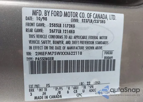 1999 Mercury Grand Marquis Ls z USA, uszkodzony, nr VIN 2MEFM75WXXX622118